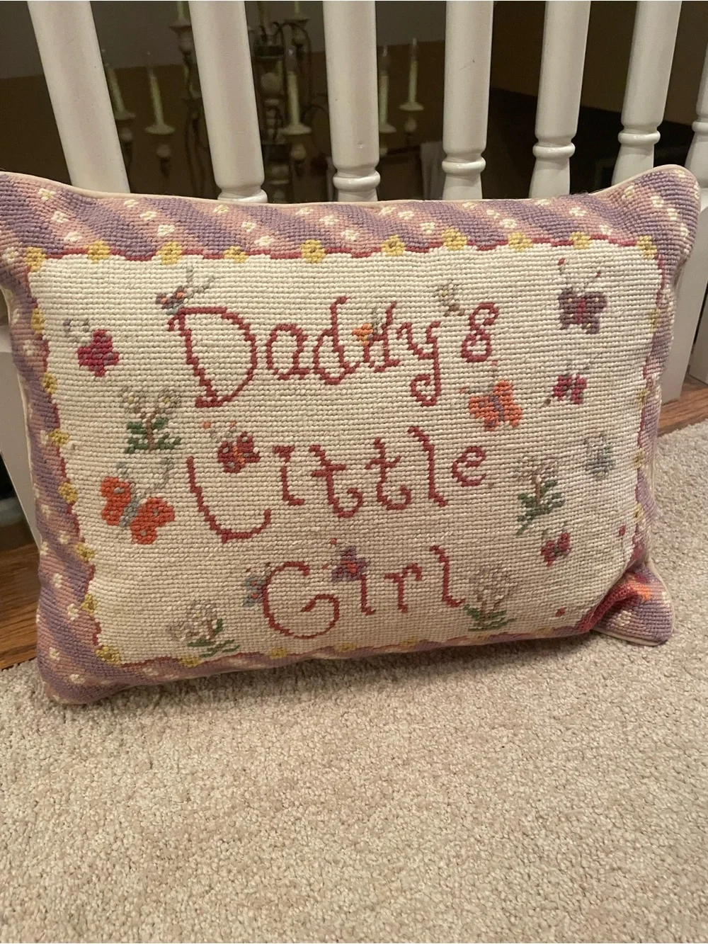 Daddy's Little Girl Needlepoint Pillow - Pink & Cream
